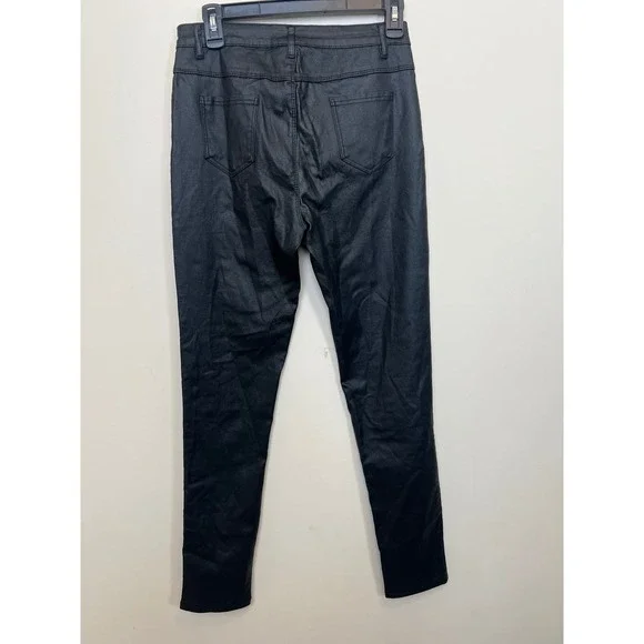 Black Coated Faux Leather High Rise Skinny Pants Double Button Stretch L - Picture 8 of 12
